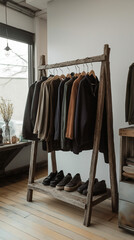 Sustainable fashion boutique showcasing eco-friendly clothing and stylish footwear in a minimalist setting