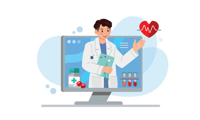 Telemedicine graphic with kind doctor cartoon character on technology for diagnose and communicate with patient. Flat vector illustration.