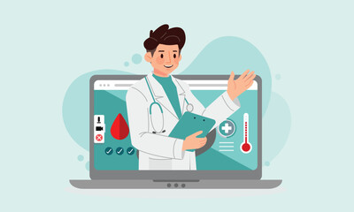 Telemedicine graphic with kind doctor cartoon character on technology for diagnose and communicate with patient. Flat vector illustration.