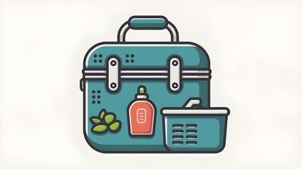 Isometric Illustration of Picnic Cooler with Fruits and Drinks on Blue Background