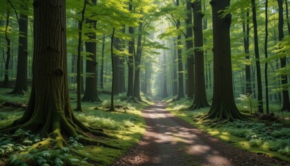 Fototapeta premium Serene Forest Path A Dappled Light Journey Through Majestic Trees