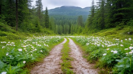 Obraz premium A muddy path winds through a lush green forest, bordered by blooming white flowers. The path leads towards a distant mountain range under a cloudy sky. The image is high-resolution, with natural lig
