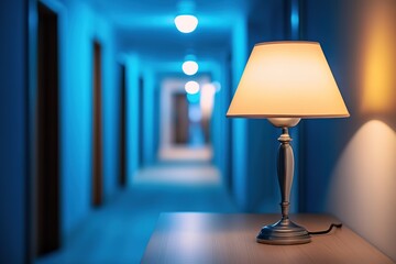 Illuminated Lamp on Wooden Table against Blurred Blue Hotel Hallway Backdrop