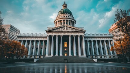 grand government building with massive columns and a domed rooftop, symbolizing power and history