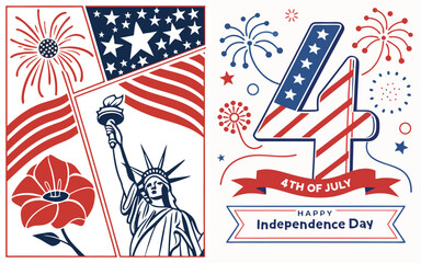 4th of July. US Independence Day. Vector illustration of American flag, star, objects, Statue of Liberty, symbol, sign, ribbon icon for greeting card, poster, banner, background or invitation. © MDMASUD