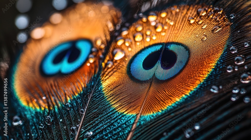 Poster close-up of peacock feathers with water droplets. vivid colors and intricate patterns