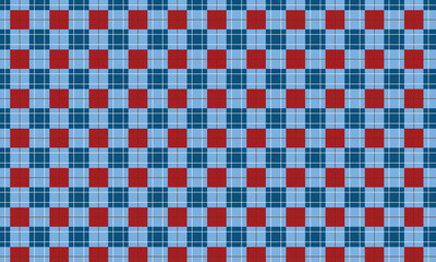 A seamless tartan plaid pattern featuring red squares on a blue and navy background. Symmetrical grid design with intersecting lines, ideal for fabric, textile, or digital backgrounds.