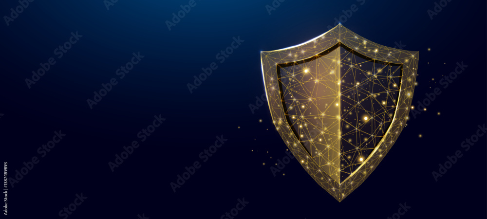 Poster guard shield. cyber security concept with glowing low poly shield on dark blue background. wireframe