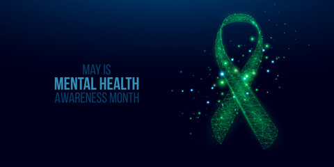 Mental health awareness month concept.Two human hands are holds green ribbon awareness. Abstract vector illustration on dark blue background.