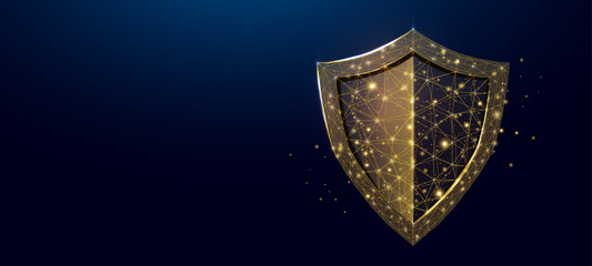 Fototapeta premium Guard shield. Cyber security concept with glowing low poly shield on dark blue background. Wireframe low poly design. Abstract futuristic vector illustration.