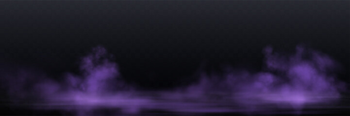 Realistic purple smoke or haze, overlay effect on a transparent background. Hot fire and flame, magic fog, vapor on floor. Abstract vector illustration