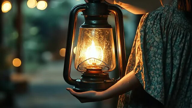 A person holding a glowing lantern in a dimly lit outdoor setting with soft bokeh lights