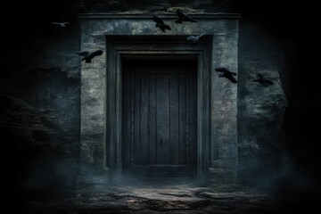 Mysterious dark stone door in a misty cavern. Crows fly around