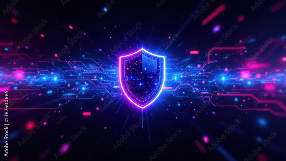 Poster a vibrant digital art graphic representing internet security with a shield icon in front of futurist