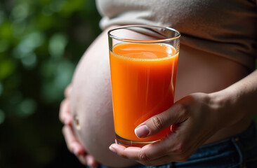 A pregnant woman holds a glass of carrot juice in her hand