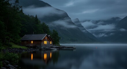 Fototapeta premium Cabin Glows on Lake with Misty Mountains and Reflections at Dusk