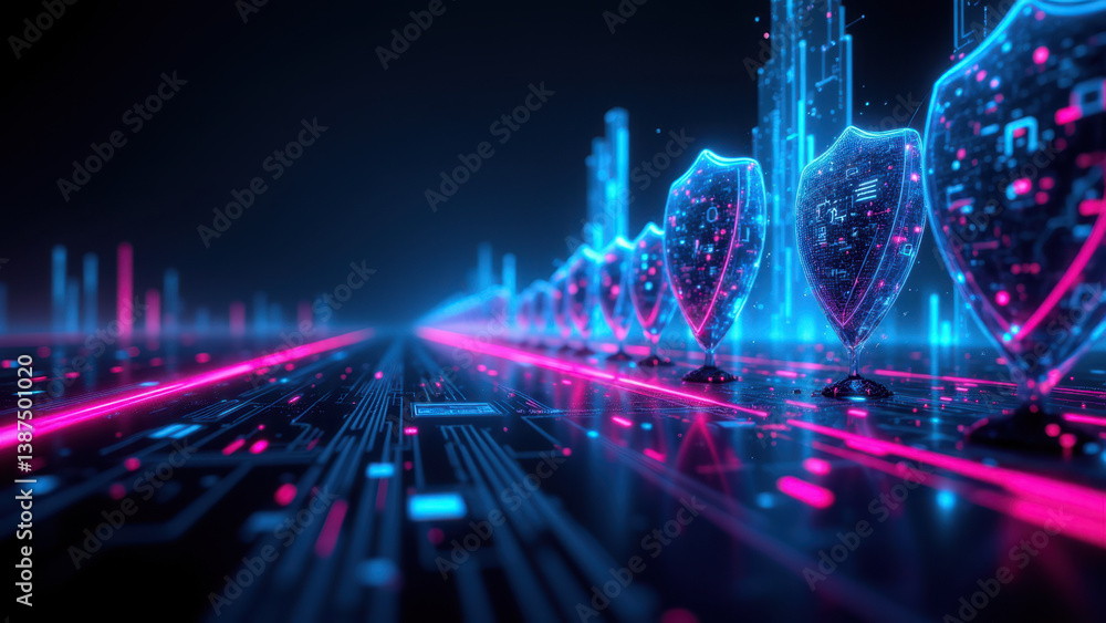 Poster a digital cyber security concept with neon shields and circuits.