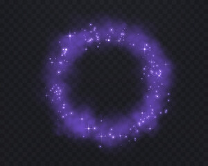 Realistic purple smoke circle or haze with pink glittering dots, particles, stars magic sparks on a transparent background. Magic fog, vapor. Vector illustration. © Elena