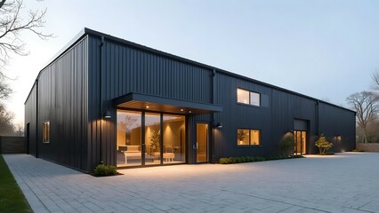 modern warehouse with a small office unit, featuring contemporary design, large windows, and metal siding, highlighting a professional and organized business environment