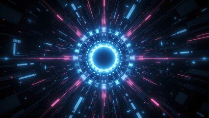 Obraz premium Cybernetic tunnel with neon lights symbolizing digital world and information technology.