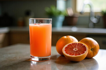 A glass of grapefruit juice, next to several grapefruits on the kitchen table