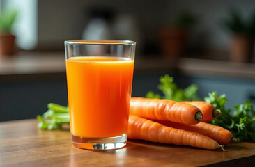 Carrot juice in a glass, next to several carrots on the kitchen table