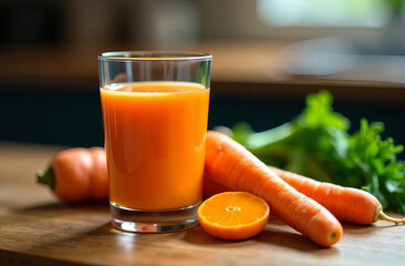 A glass of carrot orange juice on the kitchen table is the concept of proper nutrition