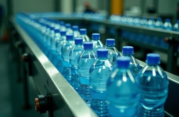Blue water bottles on a conveyor belt
