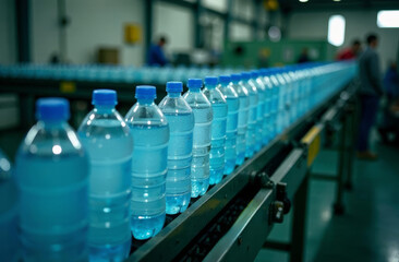 plastic bottles on a conveyor belt in a recycling plant