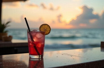 Cocktail with a straw on the bar against the background of the beach, at sunset