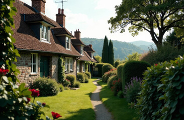 Houses in a cottage village, vintage houses in a residential area, landscaping of the quarter