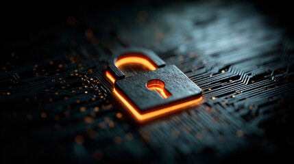 Glowing padlock on circuit board representing cybersecurity