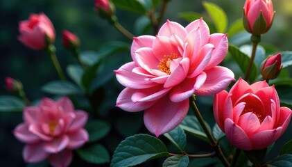 Obraz premium Multi-layered blossoms, interwoven leaves, dense foliage, flowers, vibrant