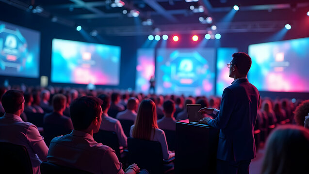 Captivating Tech Conference Scene, Speaker Addressing Attendees in a Dynamic Setting with Bright Screens and Focused Audience Engagement in a Modern Venue