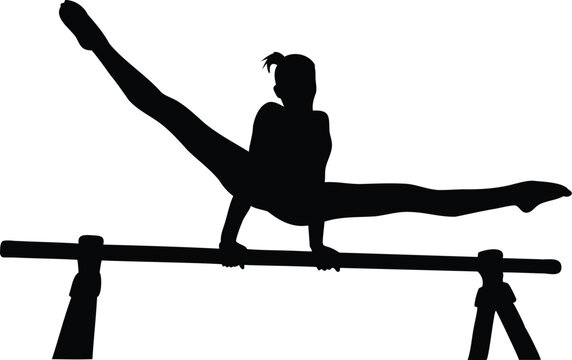 Silhouette of a young female gymnast performing a split on parallel bars, demonstrating strength, control, and athletic grace during artistic gymnastics competition or training routine