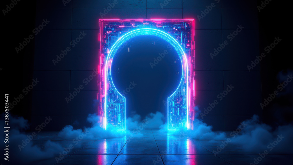 Poster vivid cyber portal with futuristic tech vibes, perfect for cybersecurity concepts.
