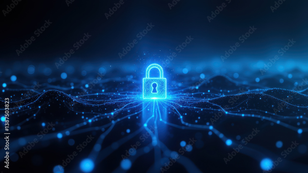 Poster a digital illustration of a lock symbolizing internet security with a network backdrop.