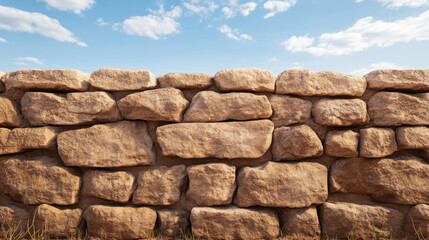 rocky wall made of large, uneven stones under bright blue sky with fluffy clouds creates natural and rustic atmosphere. texture of stones adds depth and character to scene