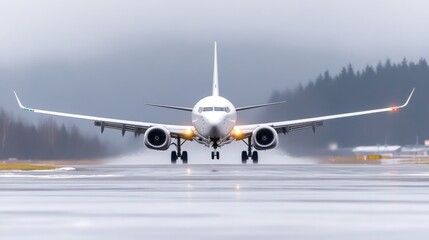 Naklejka premium A Boeing 737 airplane taxis on a runway. The plane is white, and its landing gear is down. The background shows a blurred landscape with trees and a hazy sky. The image is high-quality, with sharp de