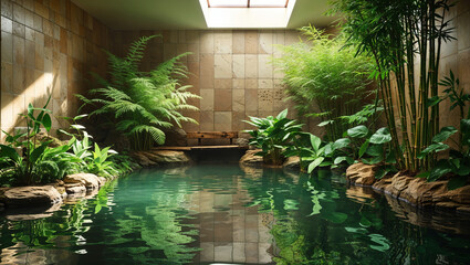 Tranquil Indoor Pond With Lush Greenery And Skylight Creating A Peaceful Oasis