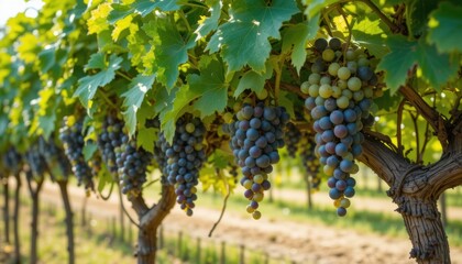 Fototapeta premium Sun-Drenched Grapevines Lush Clusters of Grapes Hanging Heavy on the Vine