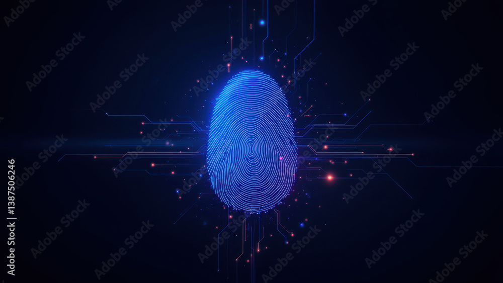 Poster a digital illustration representing biometric security technology with a fingerprint set against a c
