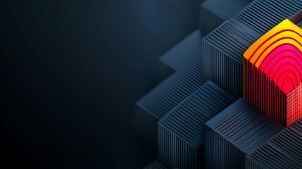 Abstract geometric shapes in vibrant colors create a dynamic visual effect on a dark background
