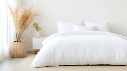 Modern, minimalist bedroom with white bedding and natural accents