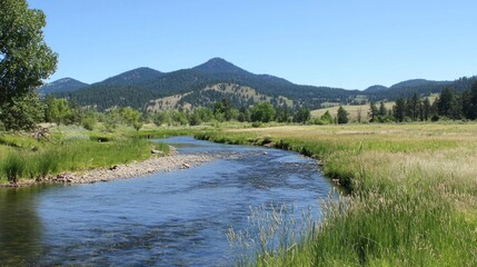Serene River Landscape in Mountain Valley