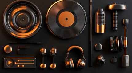 Fototapeta premium music icons, including a vinyl record, headphones, microphone, and play button, in a sleek metallic design.