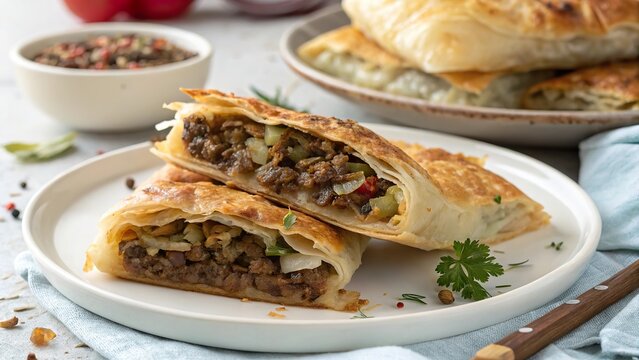 Savory meat-filled b rek served on a white plate with fresh ingredients and spices in the background