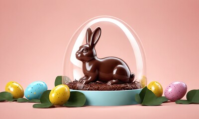 Chocolate bunny surrounded by colorful eggs in a decorative display for Easter celebration
