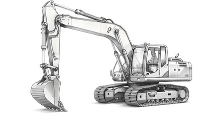 Excavator Illustration Detailed Line Art of Heavy Construction Equipment