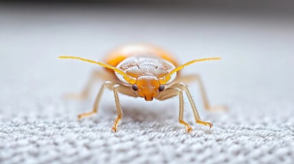 Close-up of a small, orange beetle on a light-colored surface